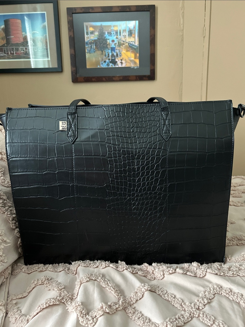 Black Croc-Embossed Travel Tote
